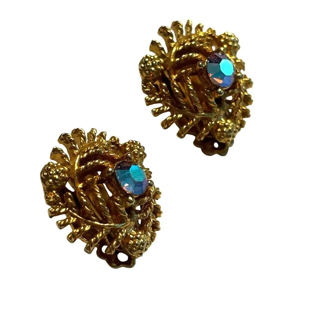Vintage mid century clip on earrings ornate goldtone & AB center rhinestones